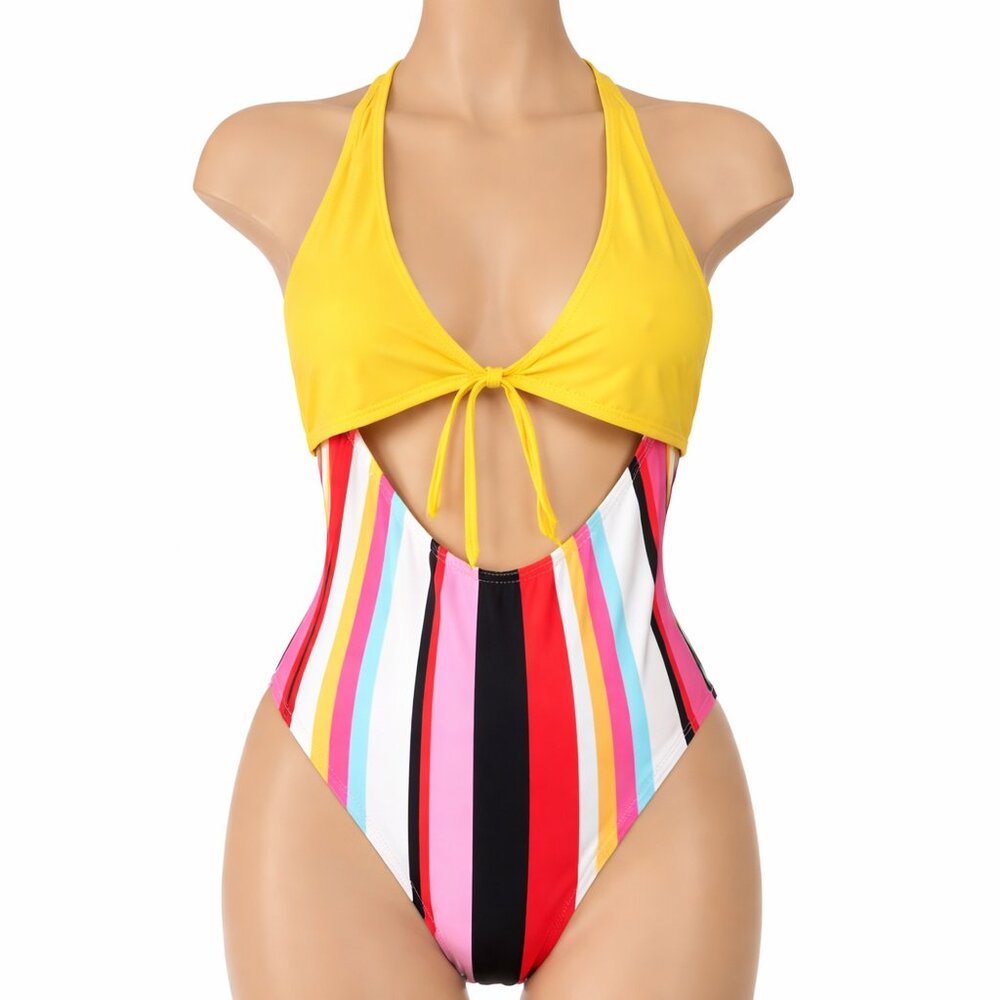 Revamped Multicolor One-Piece Swimsuit | Cutout Tie-Front | Size S